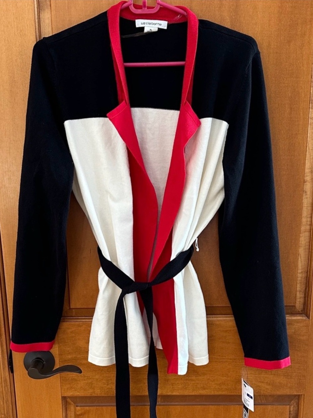 Liz Claiborne Colorblock Belted Cardigan Sweater Red Black White XL